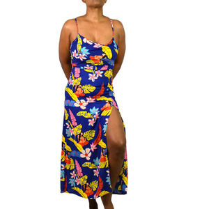 XIX Palms Hawaii Halter Maxi Dress Blue Floral Hula Girl Front Slit Rayon XS